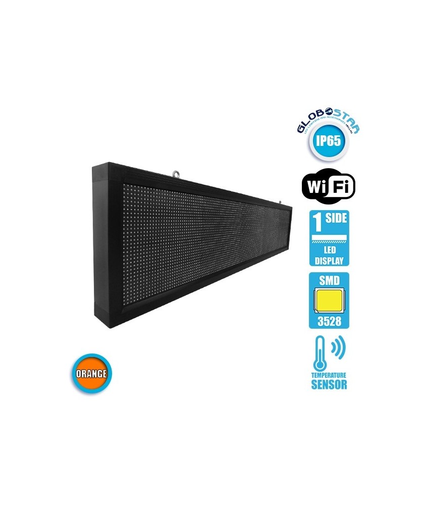 GLOBOSTAR® DISPLAY 90284 Κυλιόμενη Ψηφιακή Επιγραφή 160x32cm P10 Μονής Όψης LED AC 220-240V Αδιάβροχο IP65 Πορτοκαλί - WiFi Control μέσω FK APP - Αισθητήρας Θερμοκρασίας & Υγρασίας - Μ168 x Π9 x Υ40cm - 2 Χρόνια Εγγύηση